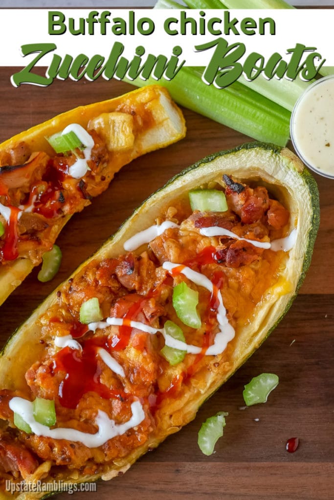 zucchini boat stuffed with Buffalo chicken from the top - drizzled with ranch dressing and hot sauce