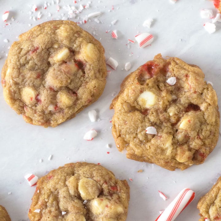 close up of two white chocolate peppermint cookies