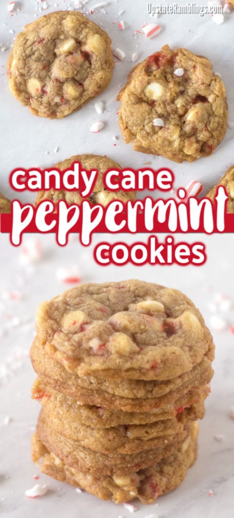 These candy cane peppermint cookies are a fun Christmas cookie! They are easy to make with crushed candy canes and white chocolate chips stirred into an easy cookie recipe. With crisp edges and chewy centers these white chocolate peppermint cookies are a delicious holiday treat. #christmascookies #cookies #peppermint