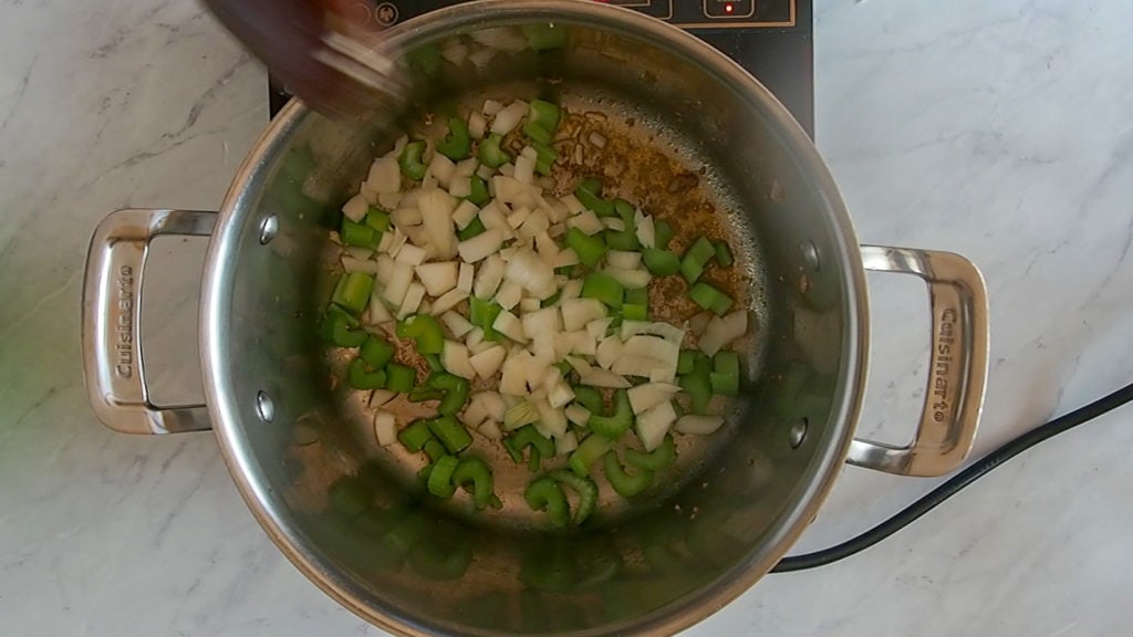 sauteing the vegetables while making mushroom stew