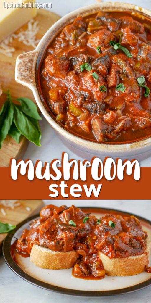 This Italian mushroom stew is a rustic stew that is traditional to Utica, NY. This recipe is made with pork, Italian sausage, tomato sauce and lots and lots of mushrooms. Served over Italian bread it is delicious comfort food! #mushroomstew #stew #porkstew