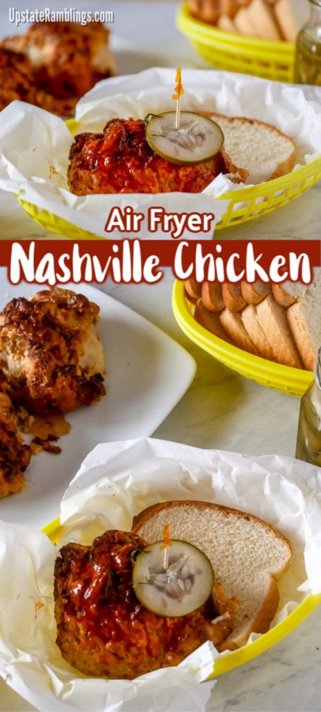 Make air fryer Nashville Chicken! This spicy hot chicken is juicy, crispy and delicious fried chicken brushed with hot sauce for a tasty dinner. Using the air fryer means the chicken is crispy without a lot of messy deep frying. #airfryer #nashvillehotchicken #spicy #chicken #chickendinner
