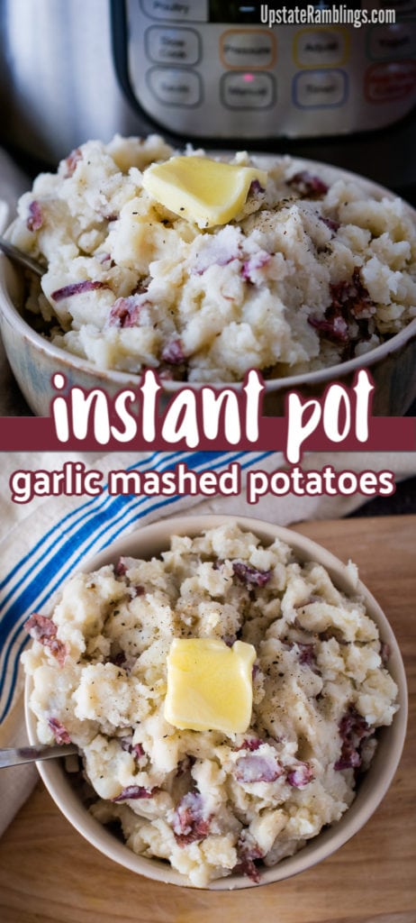 These Instant Pot garlic mashed potatoes are creamy and flavorful. Ready in just 30 minutes they are a delicious side dish that you can make completely in the Instant Pot. Red potatoes are steamed with garlic to make these hearty mashed potatoes. #Instantpot #pressurecooker #mashedpotatoes