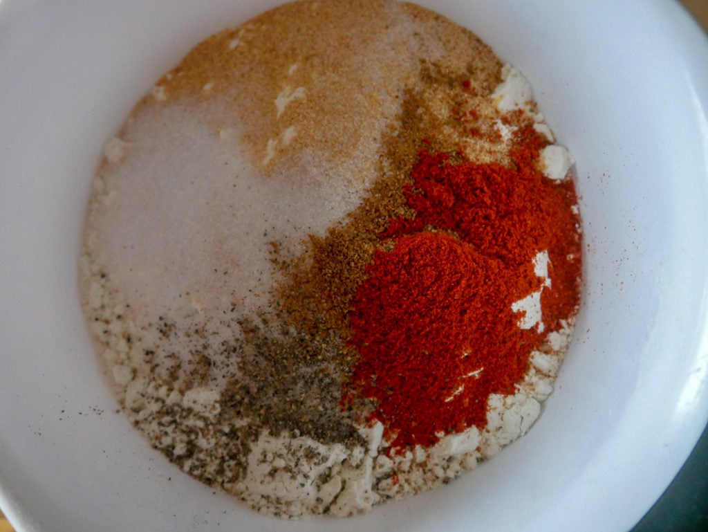Making the breading mixture for Nashville chicken
