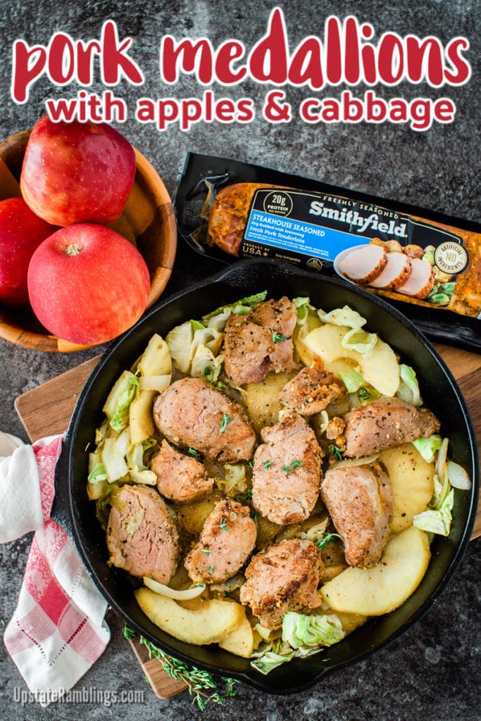 skillet of pork tenderloin medallions with apples and cabbage