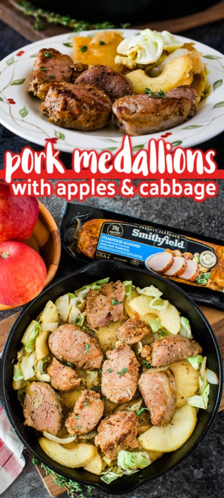 This quick recipe for Pork Medallions with apples and cabbage makes a convenient and easy fall dinner. Pork tenderloin is sliced into quick cooking medallions so you can have a tasty one pan dinner on the table in less than 30 minutes! #ad #SmithfieldFast #RealFlavorRealFast @Walmart @SmithfieldBrand