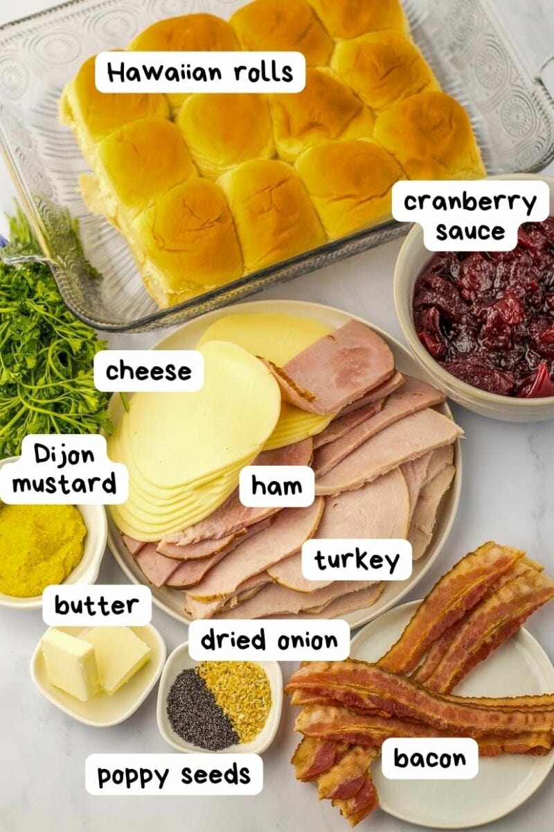 A plate of ingredients for a turkey sliders.