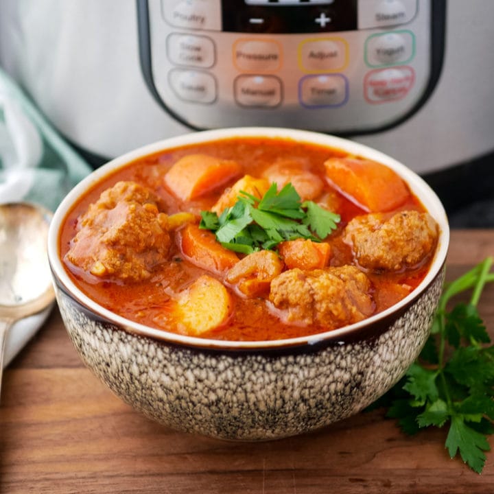 bowl of meatball soup in front of an Instant Pot