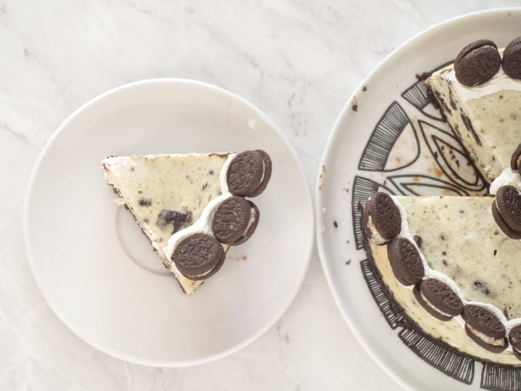 top view of a piece of Instant Pot Oreo cheesecake