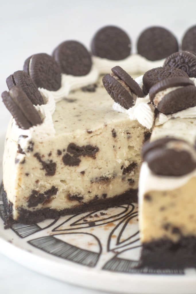 Pressure cooker Oreo cheesecake with a slice cut out