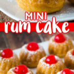 Mini rum cake is a delicious dessert for a special occasion. Made from a cake mix base the cakes are soaked in rum and topped with powdered sugar and cherries. With rum in the cake batter and a tasty rum sauce topping these mini cakes are rich and delicious. #rumcake #cake #christmas #minidessert
