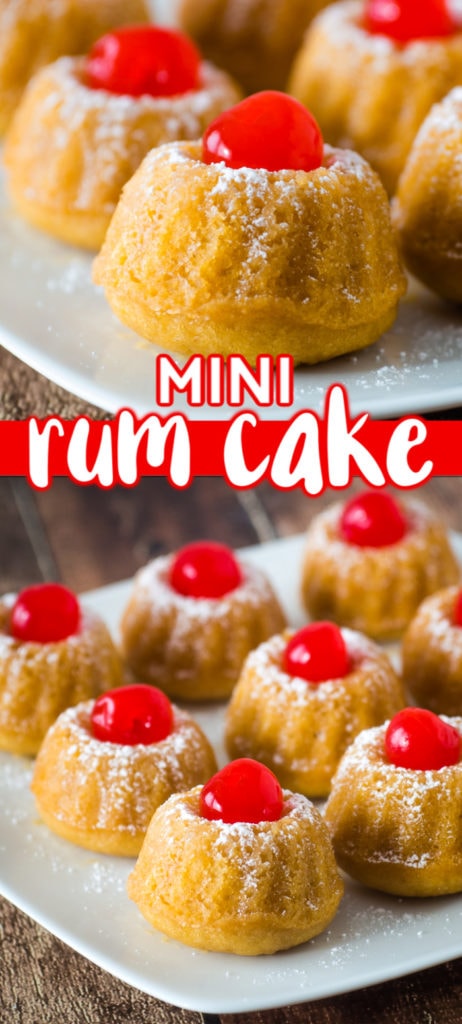 Mini rum cake is a delicious dessert for a special occasion. Made from a cake mix base the cakes are soaked in rum and topped with powdered sugar and cherries. With rum in the cake batter and a tasty rum sauce topping these mini cakes are rich and delicious. #rumcake #cake #christmas #minidessert
