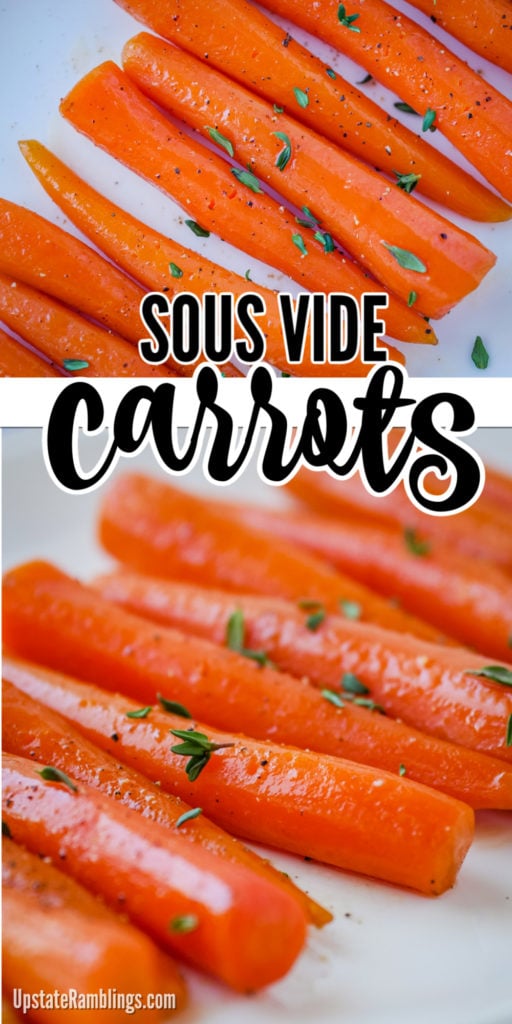 This simple recipe for sous vide carrots makes a delicious side dish. Carrots are cooked to precise crispness and glazed with a maple bourbon sauce. Sous vide cooking let carrots cook in their own juices and releases their natural sweetness! #sousvide #carrots #easy