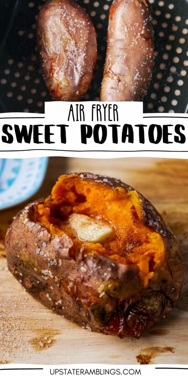 Two air-fried sweet potatoes on a black tray and a cooked sweet potato cut open, revealing the inside. The text reads "Air Fryer Sweet Potatoes," showcasing the effortless magic of air fryer cooking.