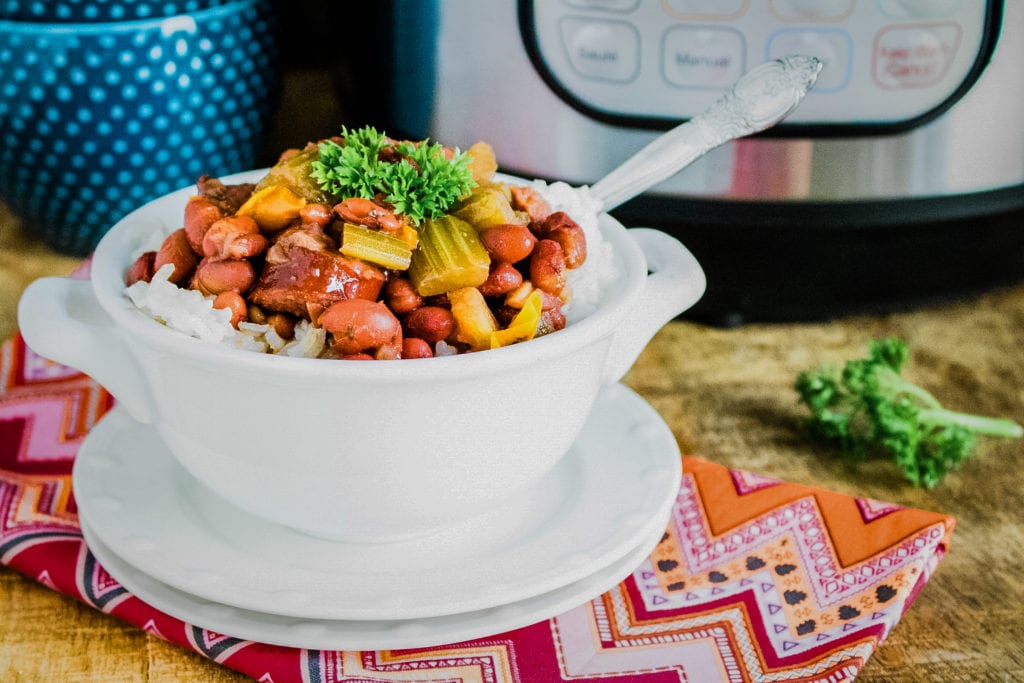 side view of a bowl of red beans and rice