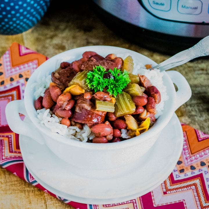 Bowl of Instant Pot red beans and rice on a table