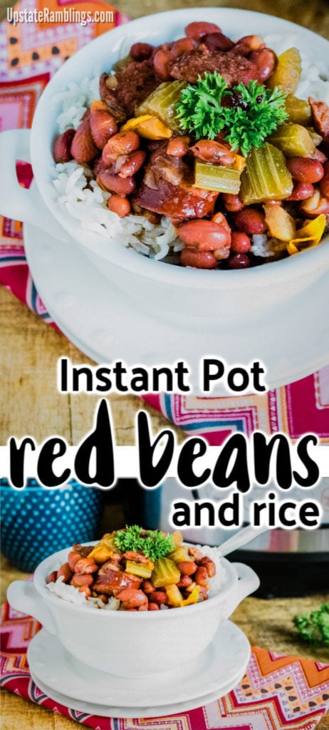 This recipe for Instant Pot red beans and rice is a traditional Southern dish made with beans, vegetables, sausage and Cajun seasoning. This New Orleans style recipe is easy to cook in a pressure cooker making a delicious and healthy dinner for the family. #redbeansandrice #cajun #recipe #redbeans