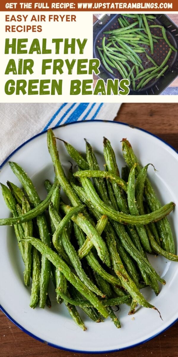 A plate of crispy air fryer green beans sits on a table, with uncooked green beans in an air fryer basket shown above.