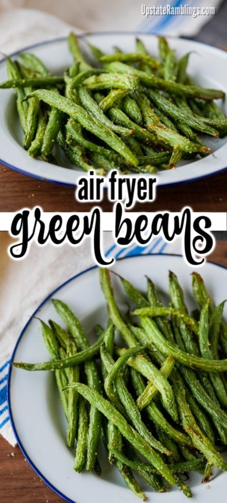 This simple side dish recipe makes tasty air fryer green beans in about 10 minutes! Quick and easy these garlicky beans make a delicious healthy side dish for dinner.