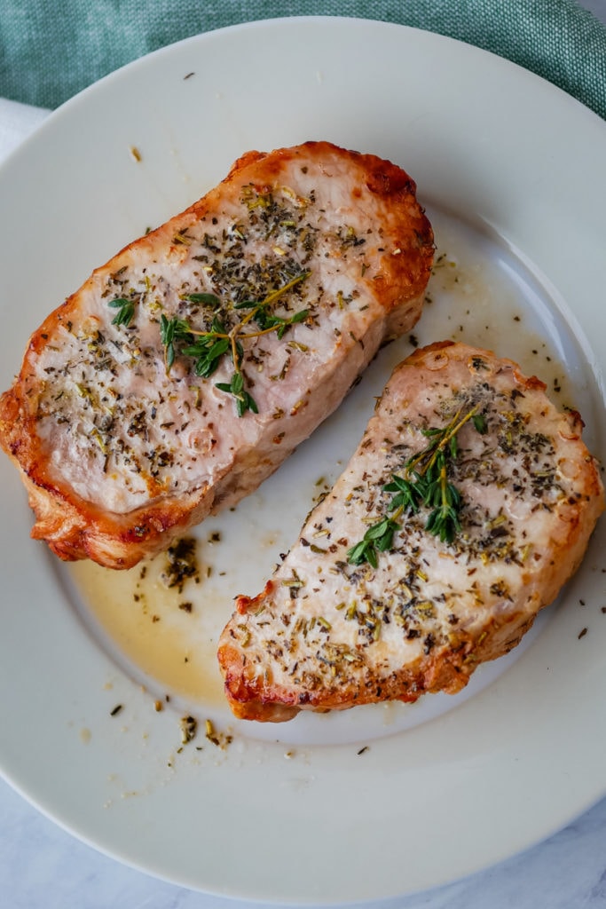 pork chops on a plate from above