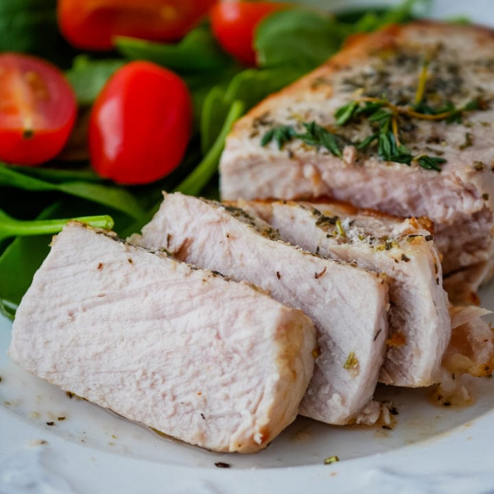 pork chops sliced for eating after cooking in an air fryer