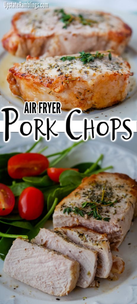 Air fryer pork chops are a tender and juicy family favorite dinner. You can have delicious pork chops on the table in about 20 minutes for a quick and easy dinner. Seasoned with Italian herbs and spices these pork chops are crispy on the outside but still tender and juicy inside.