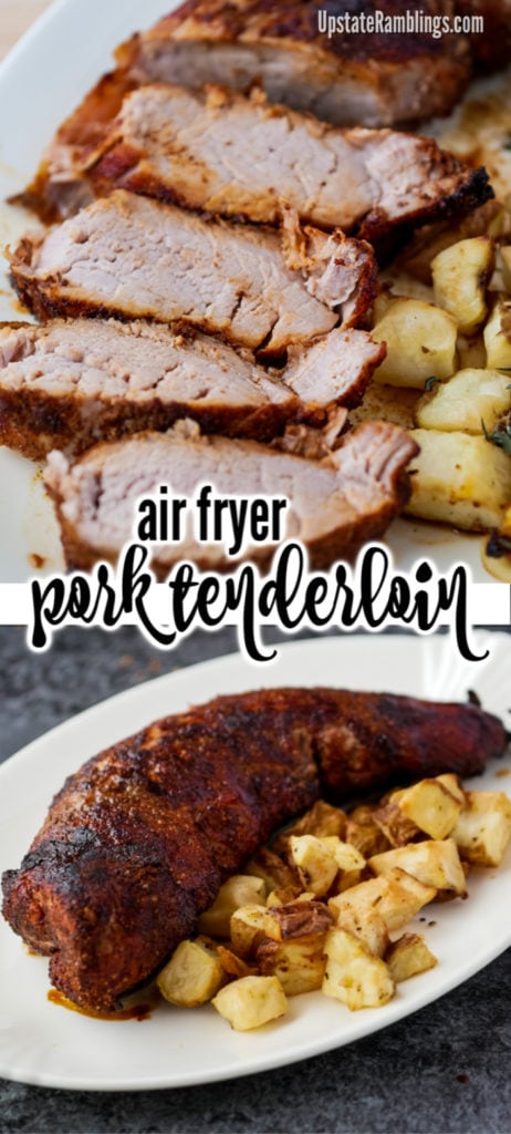 Air fryer pork tenderloin is a delicious weeknight dinner. The air fryer makes the outside crisp and brown while leaving a tender juicy interior.