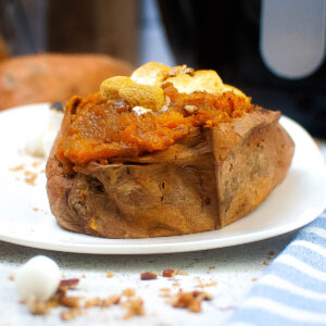 closeup of air fryer twice baked sweet potatoes