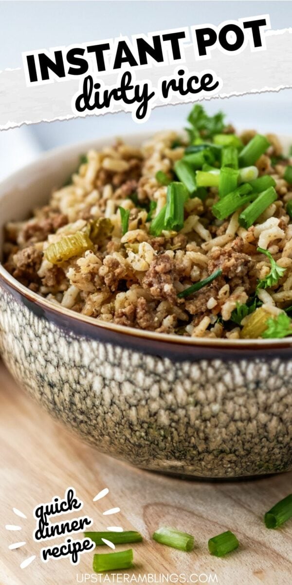 A bowl of instant pot dirty rice with ground meat and green onions, labeled "Instant Pot dirty rice" and "quick dinner recipe.