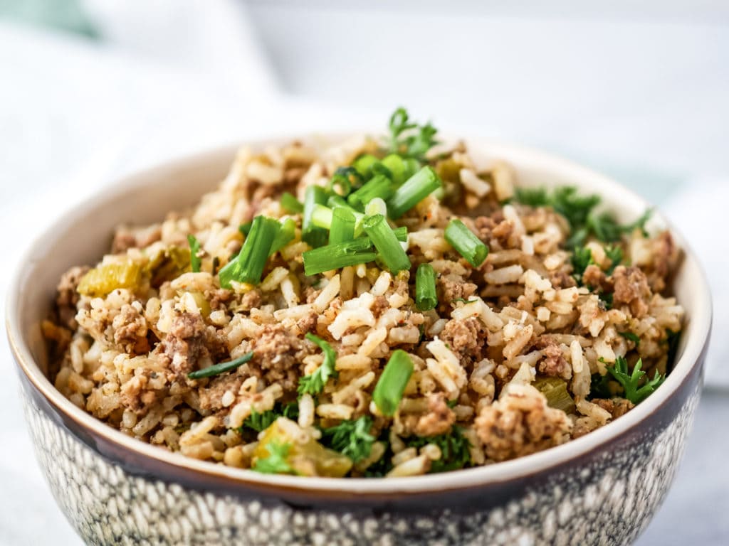 closeup of instant pot dirty rice in a a bowl