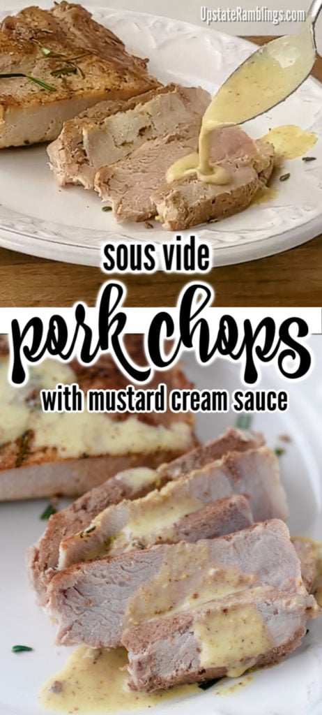 Sous vide pork chops are juicy and tender - they will be perfectly cooked every time. Sous vide allows you to cook pork consistently and exactly with amazingly delicious results. These pork chops are topped off with a mushroom cream sauce for an easy dinner.