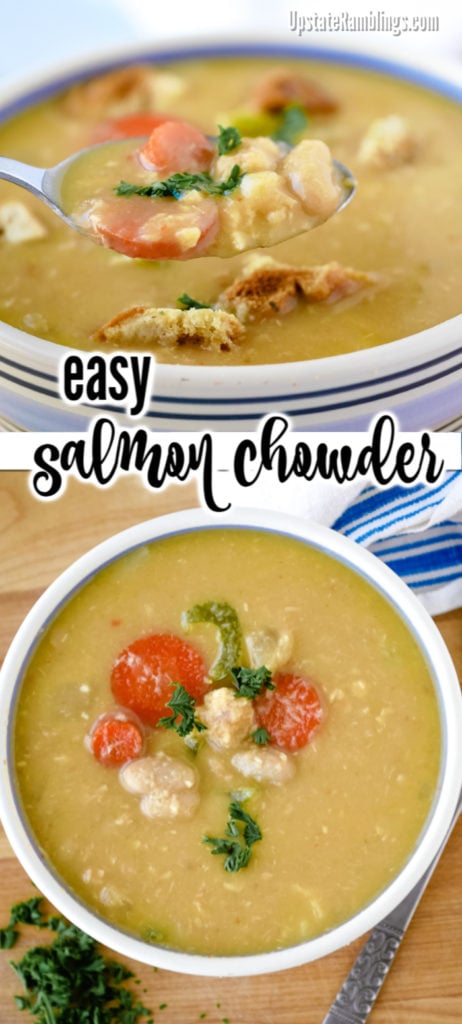 Make this easy salmon chowder with canned salmon and canned cannellini beans. Salmon chunks are mixed with vegetables and beans in a creamy but dairy free broth. This simple to make soup provides lots of flavor with little effort.