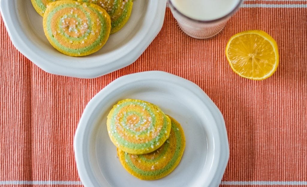 colorful pinwheel cookies with citrus and milk