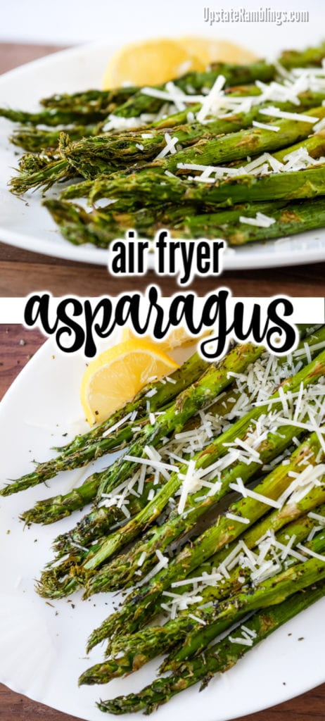 Cooking asparagus in the air fryer is a quick and easy way to serve this tender spring vegetables. You can have perfect asparagus on the table in just a few minutes! Lightly seasoned and topped with Parmesan cheese and drizzled with lemon juice this air fryer asparagus is the ultimate spring vegetable with a tender delicate taste.