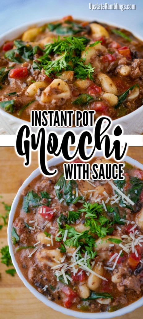 This tasty Instant Pot gnocchi with meat sauce is a hearty one pot dinner. Potato gnocchi combine with ground beef, green pepper, mushrooms and spinach in a creamy tomato sauce for a simple, delicious dinner that will be ready in about 30 minutes.