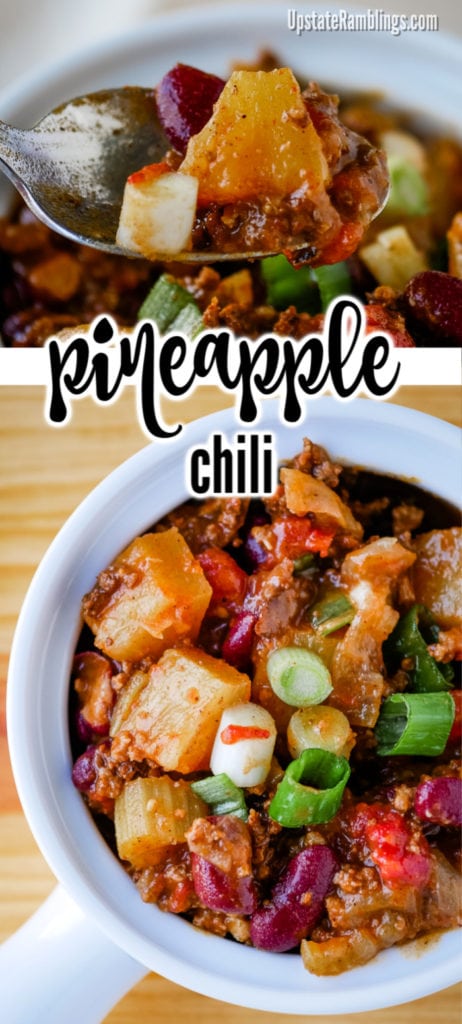 This Pineapple chili is a unique chili recipe combining sweet pineapple with spicy beef. The sweet and spicy chili make perfect comfort food. This recipe is very easy to make and it is a low prep one pot dinner made using pantry staples that are combined in a new, fun way. Kid friendly and ready in 45 minutes!