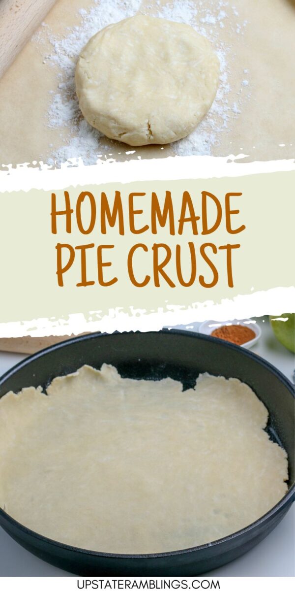 A ball of easy pie crust dough on floured parchment paper and an unbaked pie crust pressed into a round baking pan. Text reads "Homemade Pie Crust.