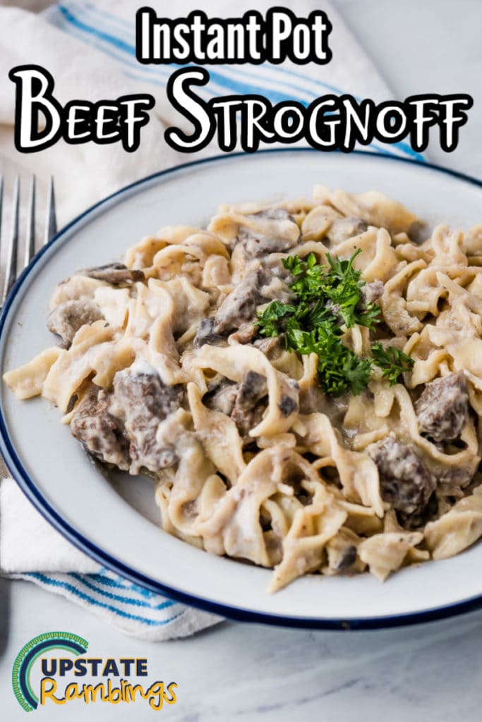 plate of beef stroganoff topped with parsley