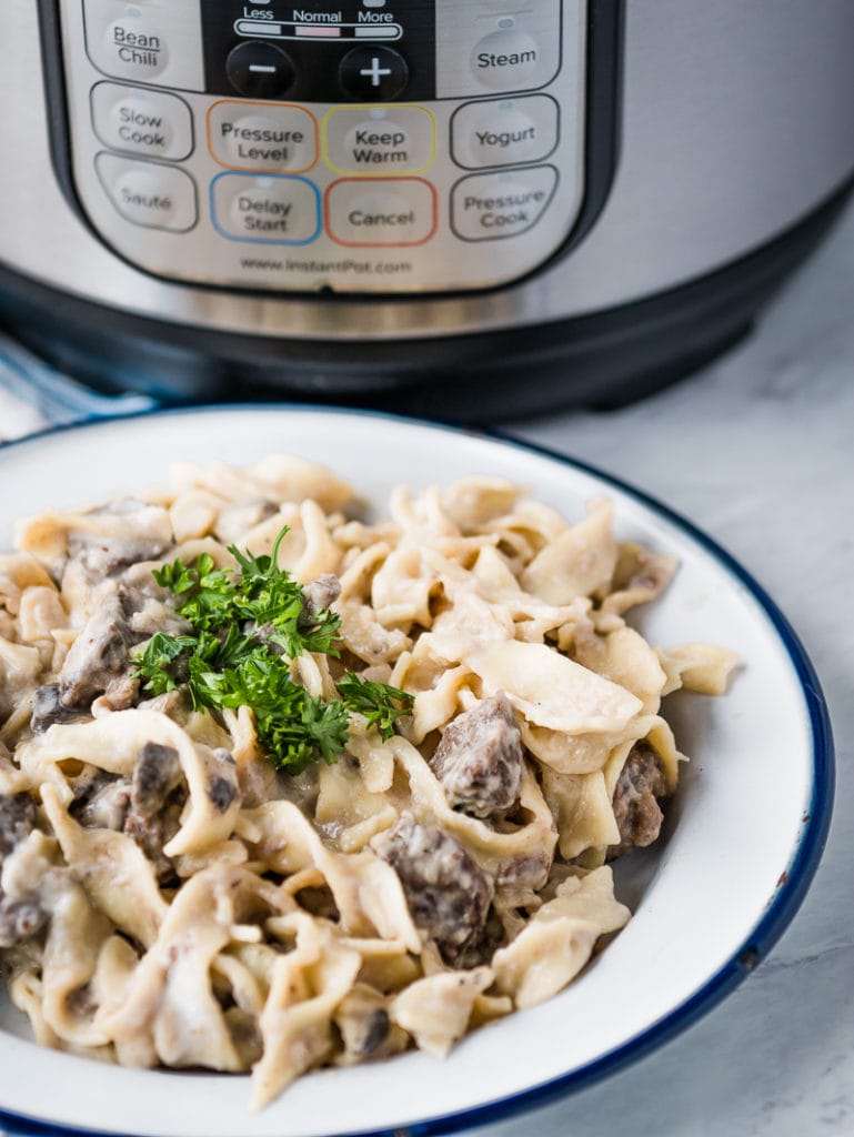 plate of beef stroganoff in front of a pressure cooker