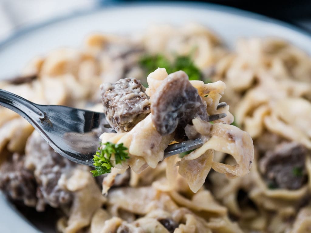 fork with beef stroganoff on it
