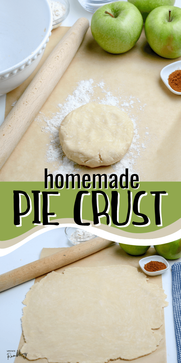 Ball of pie dough and a rolling pin on parchment paper, surrounded by green apples and spices, with the text "easy pie crust" over an image of rolled out dough.