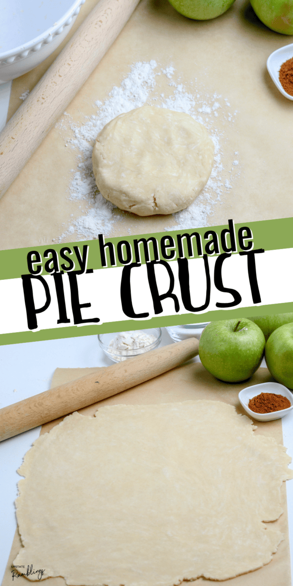 A ball of dough and a rolled-out easy pie crust rest on parchment paper, surrounded by a rolling pin, green apples, flour, and cinnamon. Text reads "easy homemade pie crust.