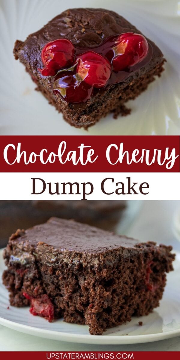 A slice of chocolate cherry cake topped with cherries sits on a white plate; another slice reveals cherries baked inside the rich chocolate cake.