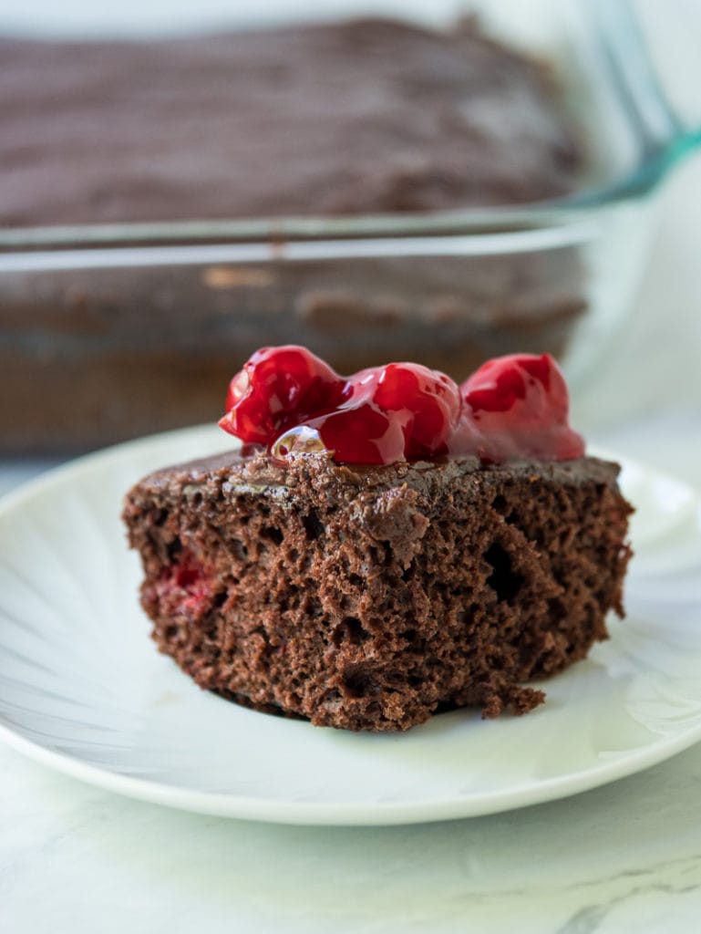 piece of chocolate cherry cake with cherries on top
