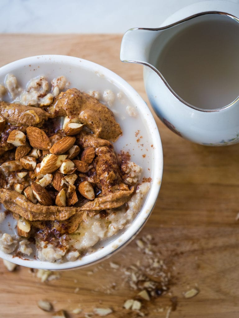 Instant Pot oatmeal with almond butter, almonds and milk