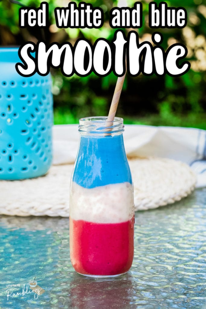 red white and blue smoothie in a glass with text overlay
