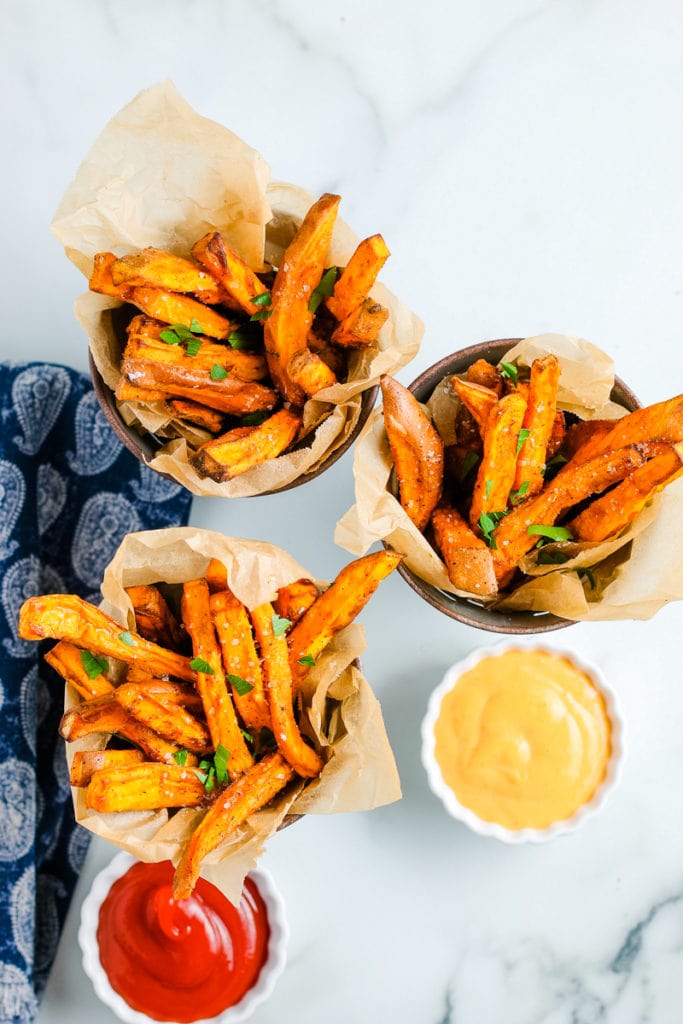 top view of sweet potato fries with sauce