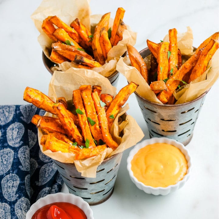 sweet potato fries ready to be dipped into sauces