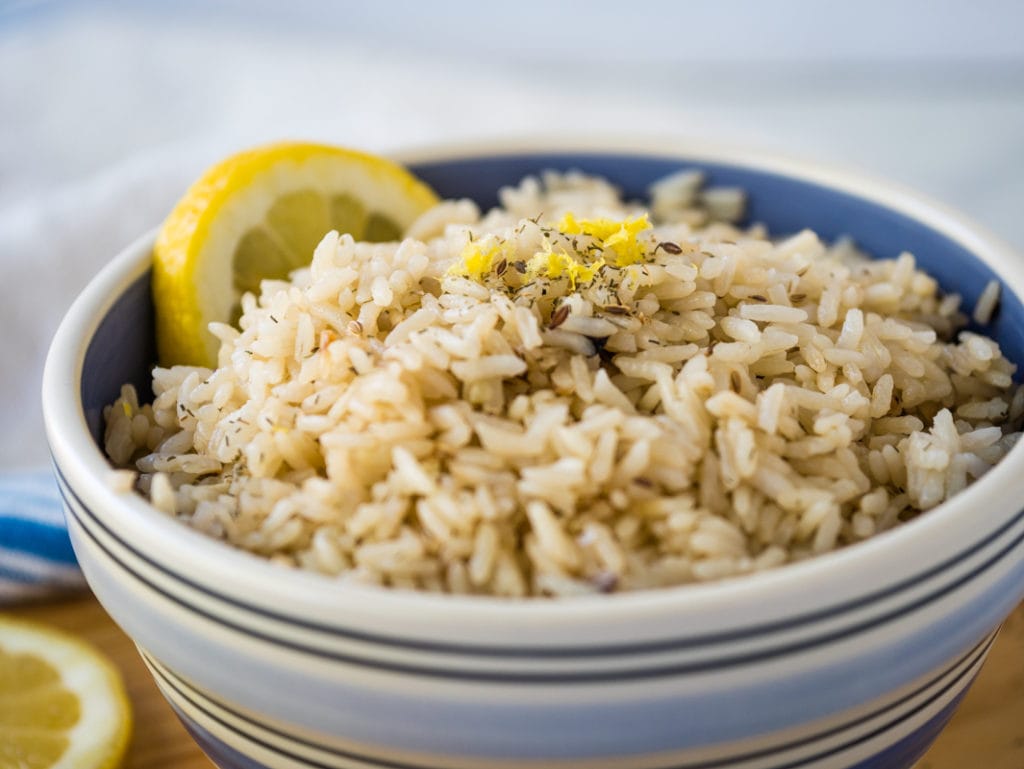 closeup of Instant Pot lemon rice in a bowl