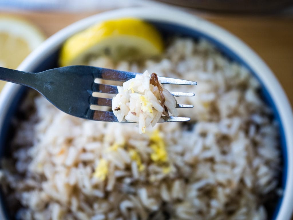 fork full of lemon rice